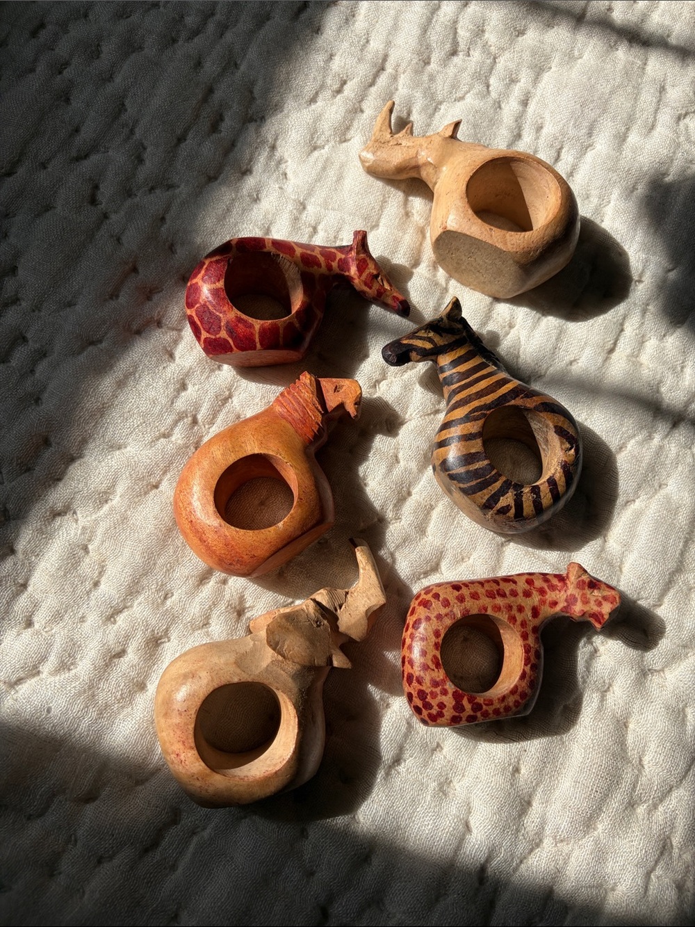Set of 6 Hand-carved wooden African Safari Animal napkin Rings
